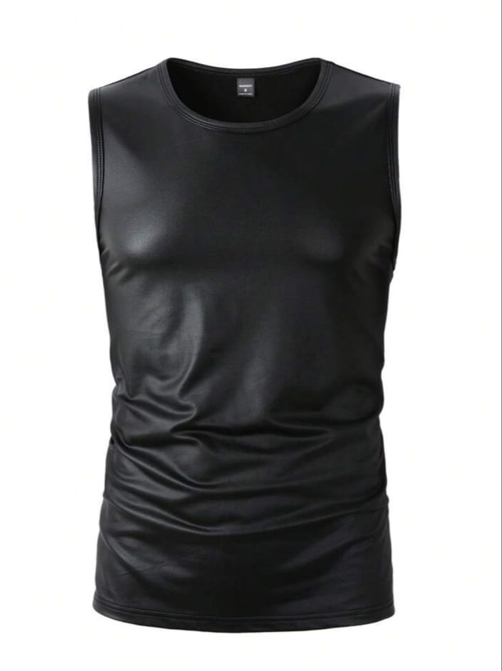 Legnd Men's Solid Color Round Neck PU Leather tank Top